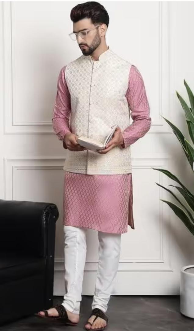 Men's Jacquard Silk Pink Kurta and Off-White Pyjama With Cream Nehru Jacket in Berlin