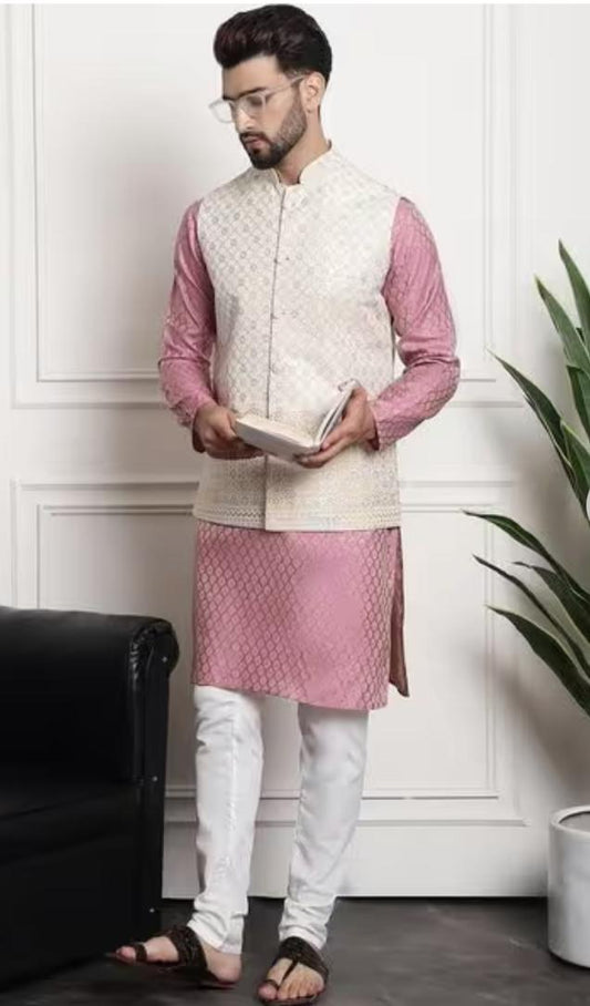Men's Jacquard Silk Pink Kurta and Off-White Pyjama With Cream Nehru Jacket in Berlin