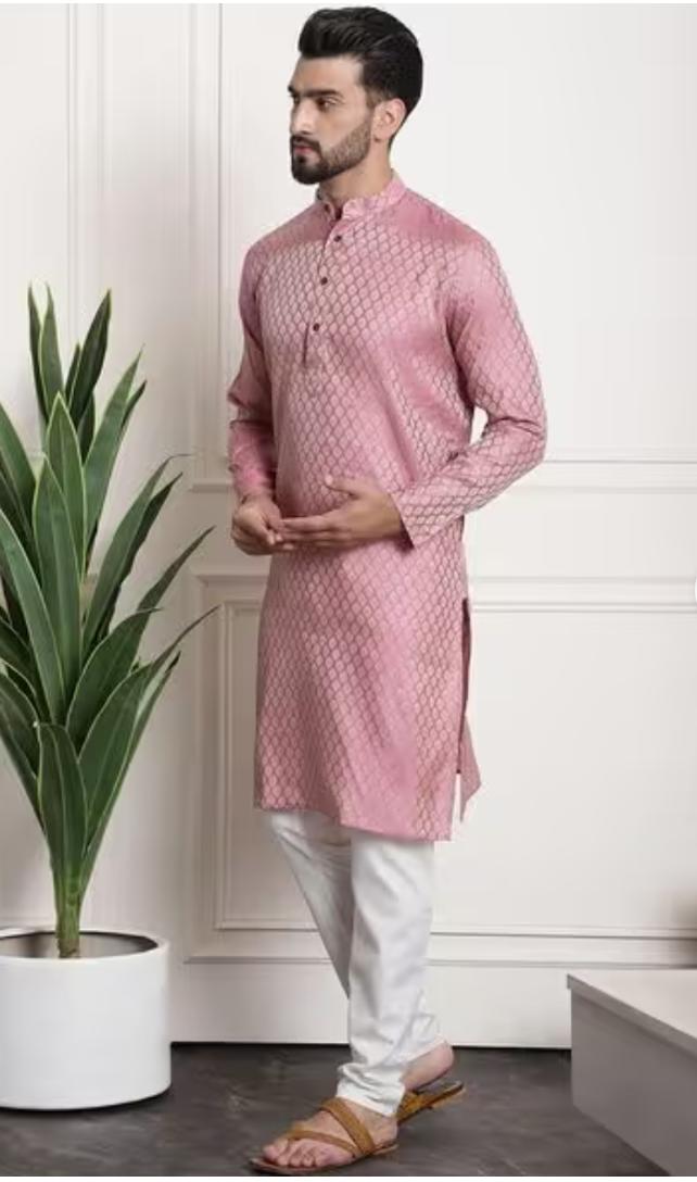 Men's Jacquard Silk Pink Kurta and Off-White Pyjama With Cream Nehru Jacket in Berlin
