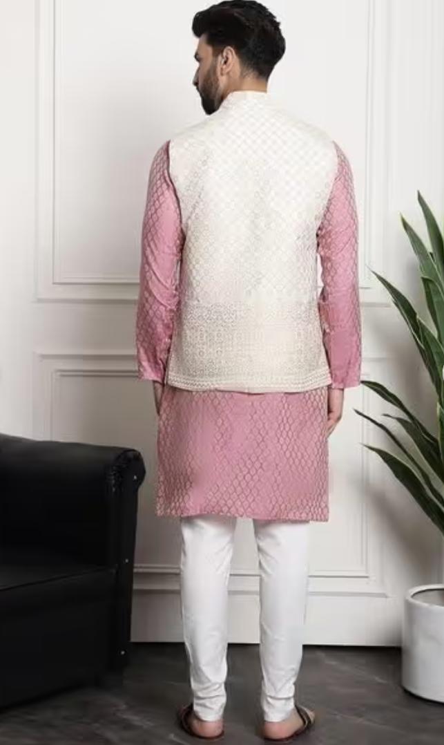 Men's Jacquard Silk Pink Kurta and Off-White Pyjama With Cream Nehru Jacket in Berlin