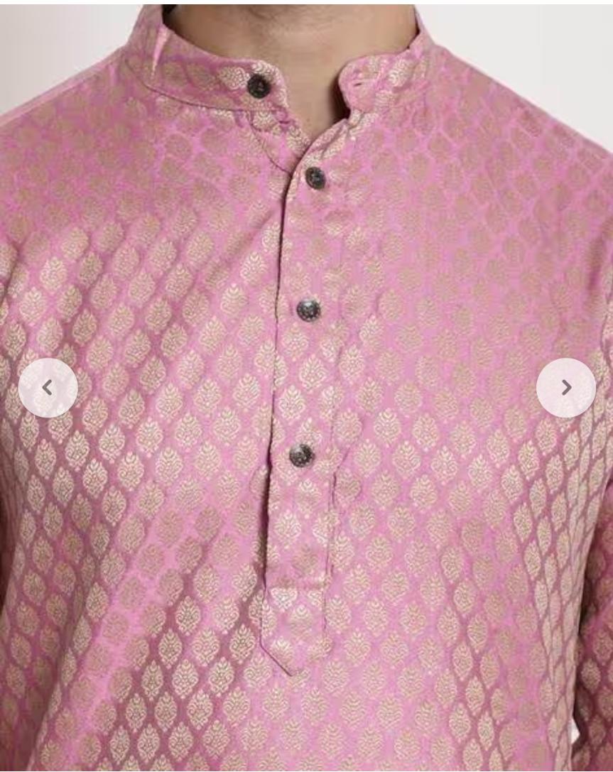 Men's Jacquard Silk Pink Kurta and Off-White Pyjama With Cream Nehru Jacket in Berlin