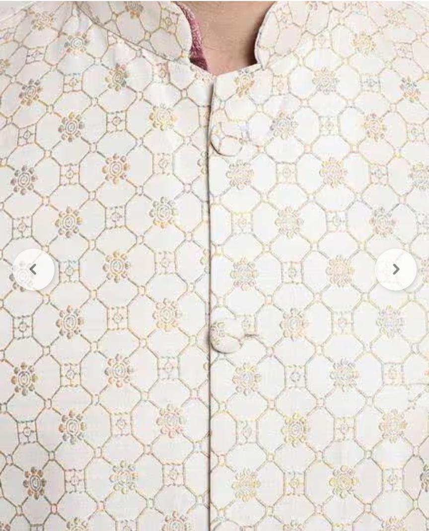 Men's Jacquard Silk Pink Kurta and Off-White Pyjama With Cream Nehru Jacket in Berlin