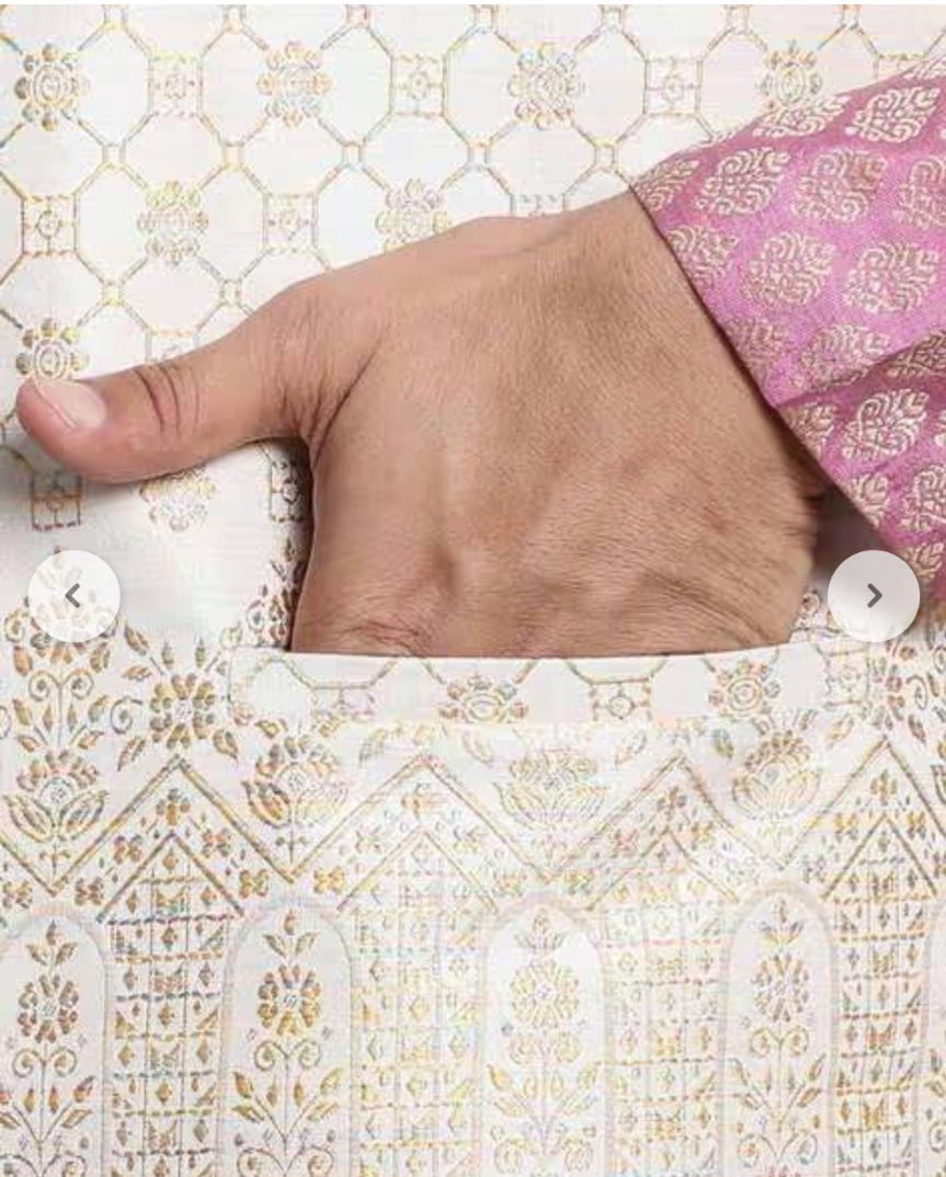 Men's Jacquard Silk Pink Kurta and Off-White Pyjama With Cream Nehru Jacket in Berlin