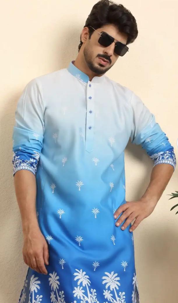 Ombre Dyed Thread Work Mandarin Collar Straight Kurta With Pyjamas in Germany