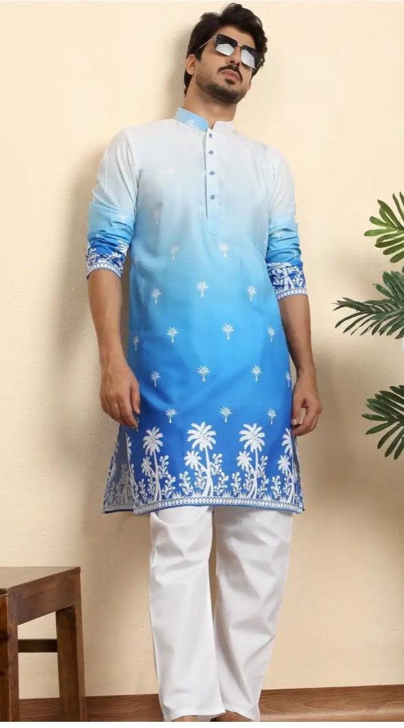 Ombre Dyed Thread Work Mandarin Collar Straight Kurta With Pyjamas in Germany
