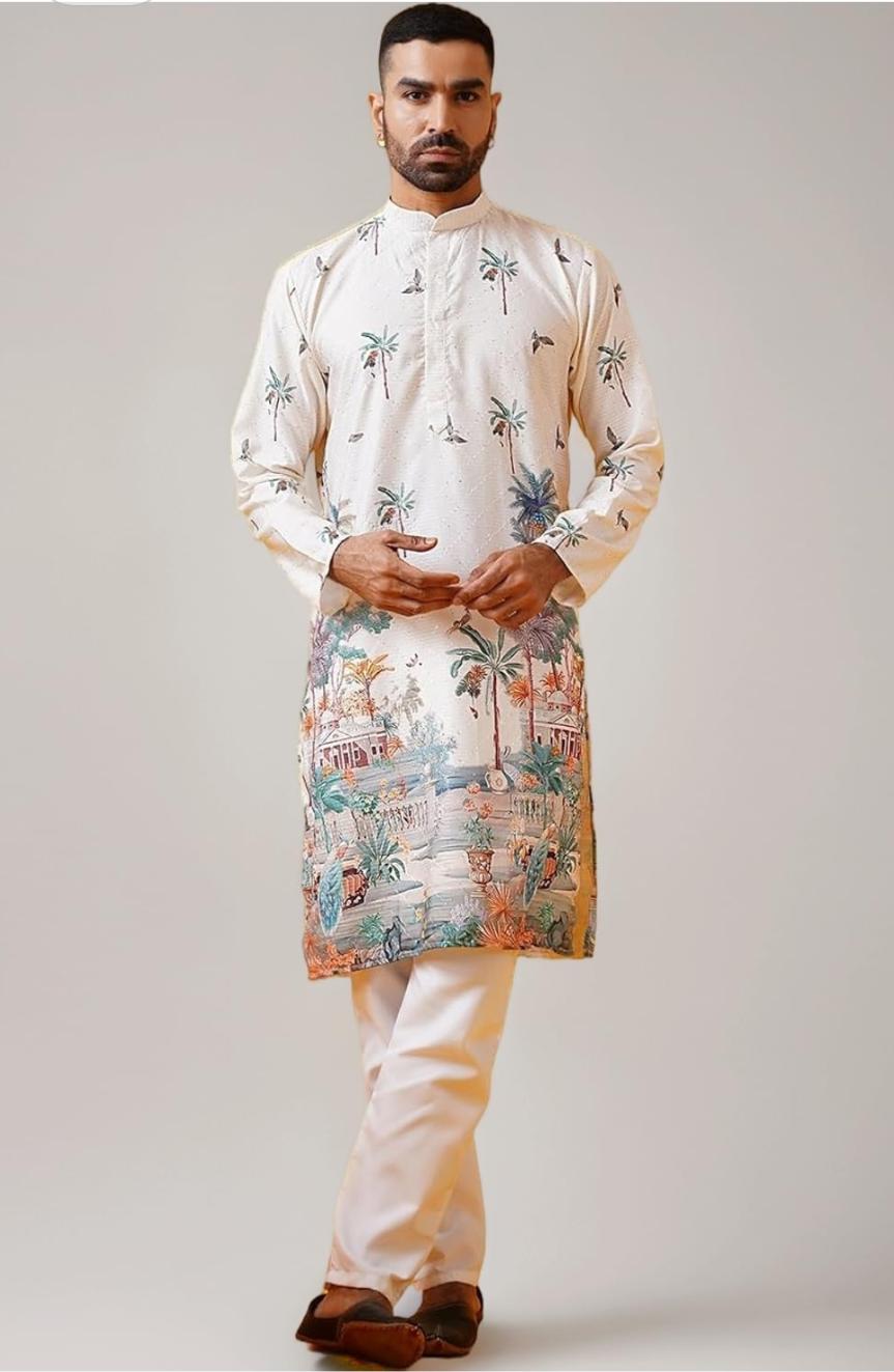 Men's Cotton Krochet Daman Print Cream Kurta with White Pyjama in Berlin