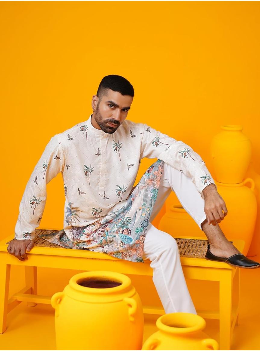 Men's Cotton Krochet Daman Print Cream Kurta with White Pyjama in Berlin
