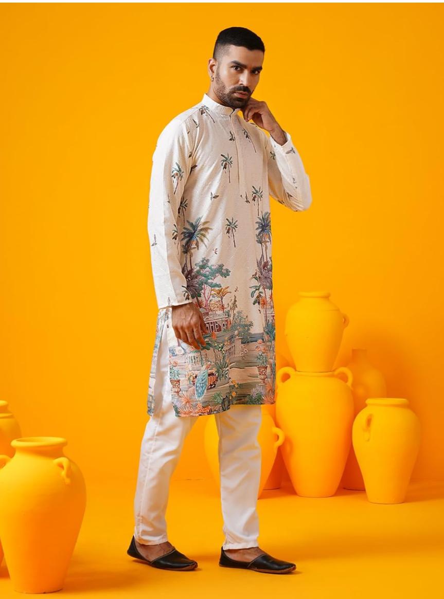 Men's Cotton Krochet Daman Print Cream Kurta with White Pyjama in Berlin