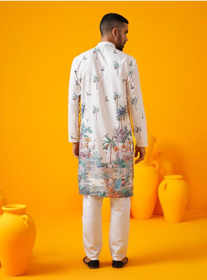 Men's Cotton Krochet Daman Print Cream Kurta with White Pyjama in Berlin