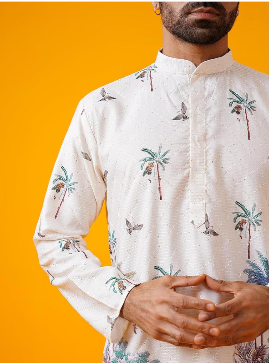 Men's Cotton Krochet Daman Print Cream Kurta with White Pyjama in Berlin