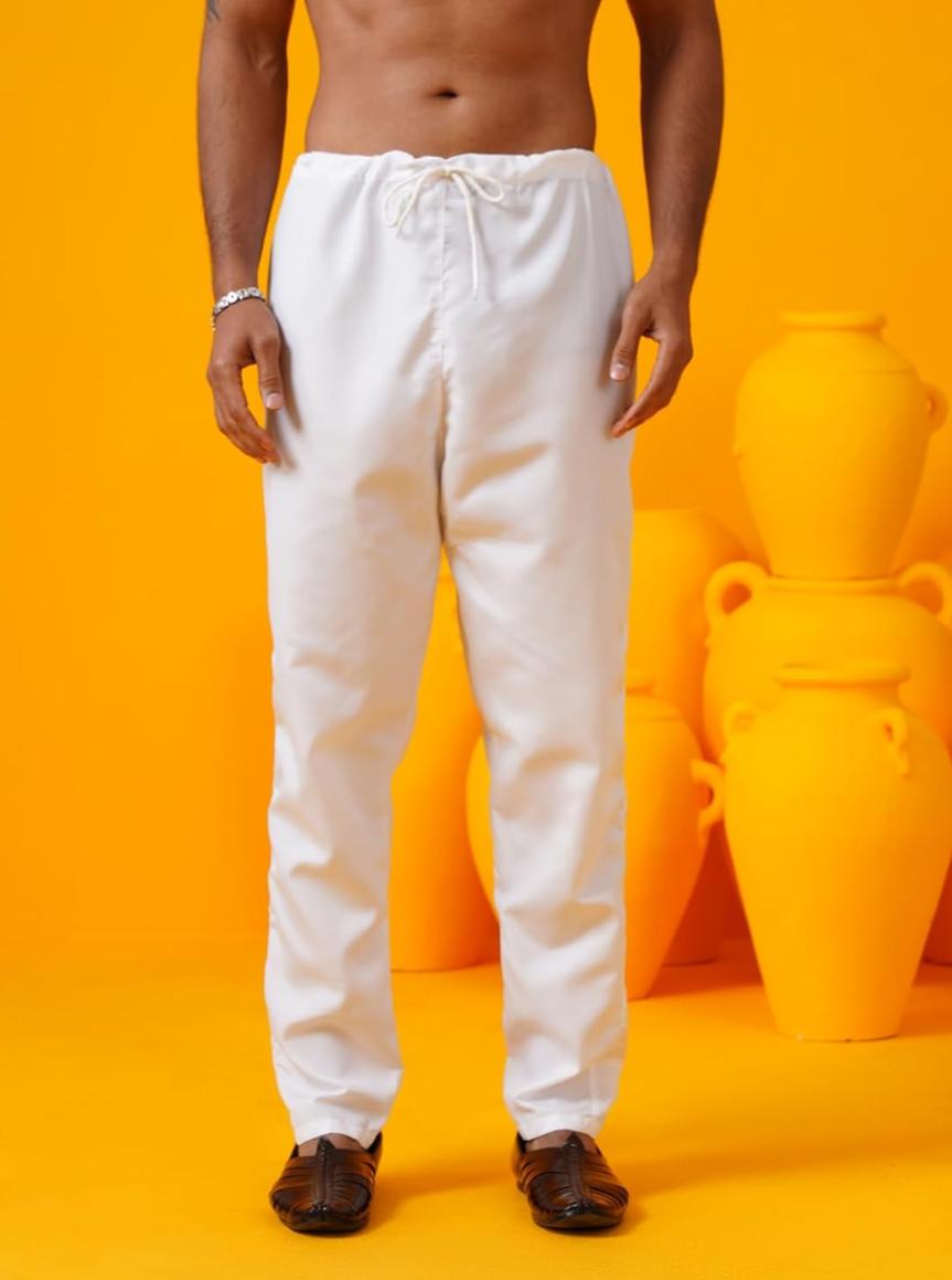 Men's Cotton Krochet Daman Print Cream Kurta with White Pyjama in Berlin