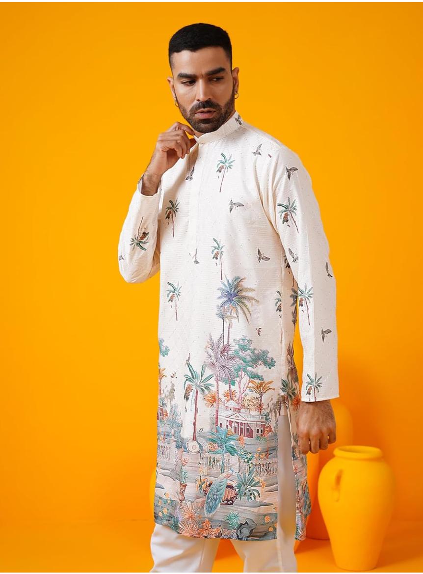 Men's Cotton Krochet Daman Print Cream Kurta with White Pyjama in Berlin