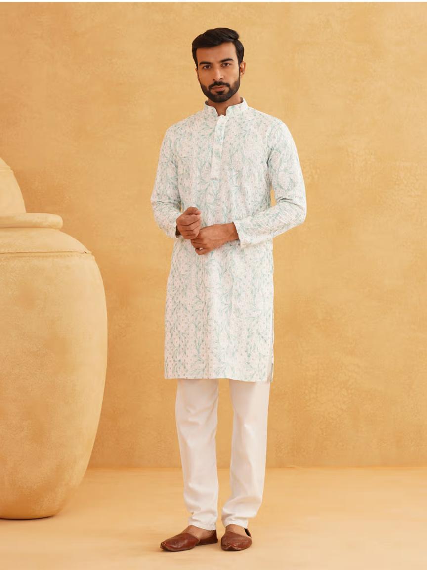Men Cotton Gold Sequinned White and Green Kurta with Pyjama in Berlin