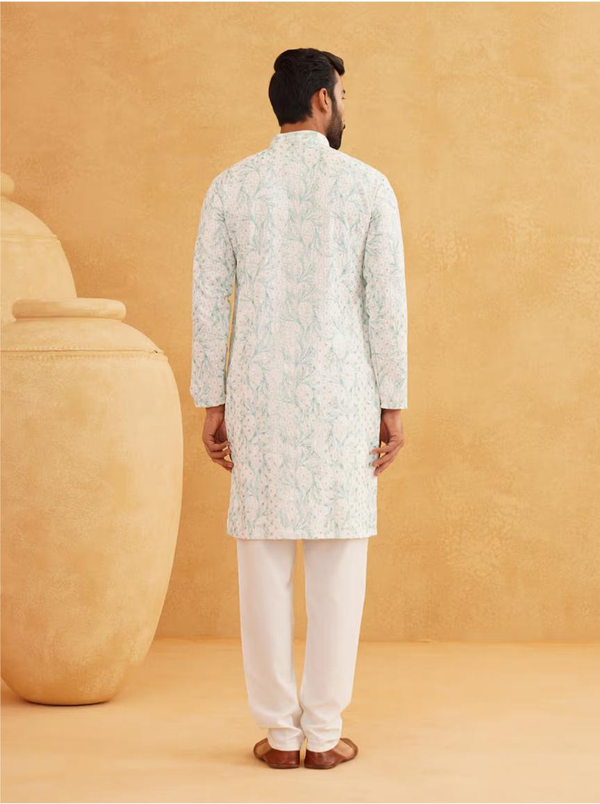 Men Cotton Gold Sequinned White and Green Kurta with Pyjama in Berlin