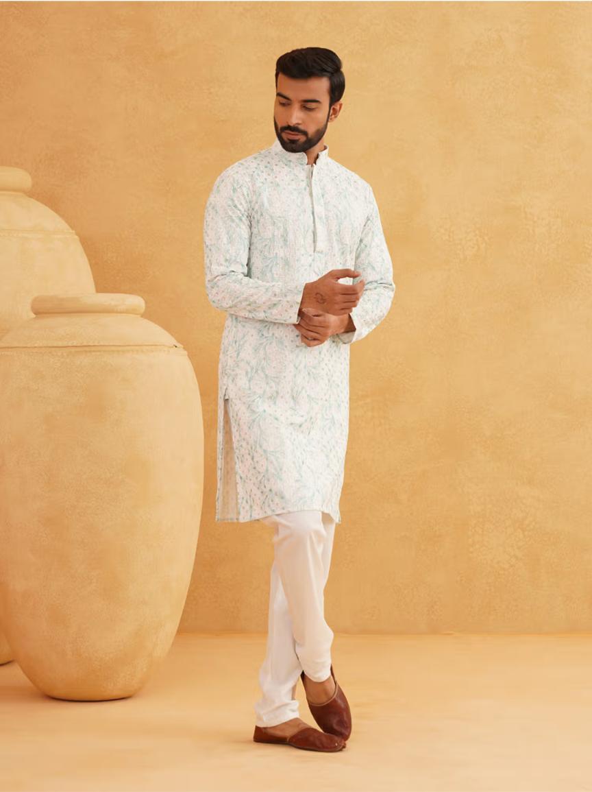 Men Cotton Gold Sequinned White and Green Kurta with Pyjama in Berlin