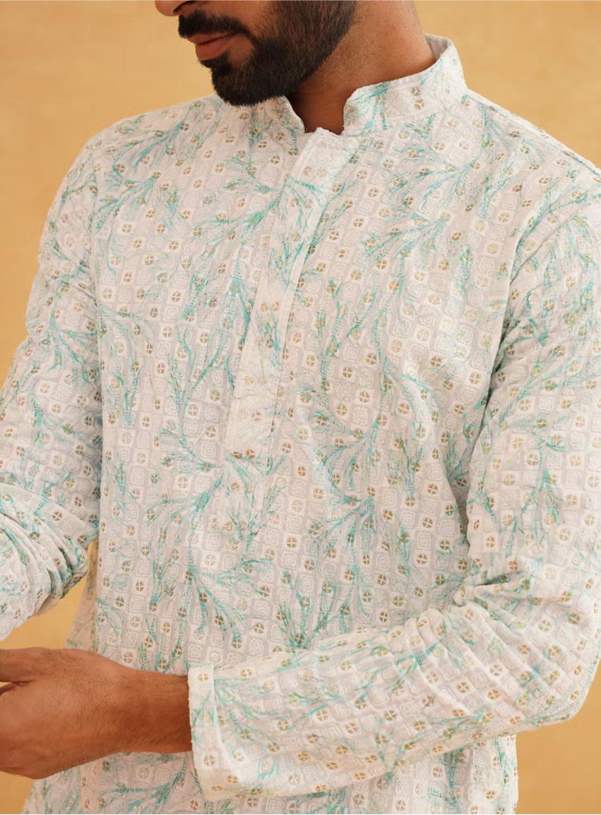 Men Cotton Gold Sequinned White and Green Kurta with Pyjama in Berlin
