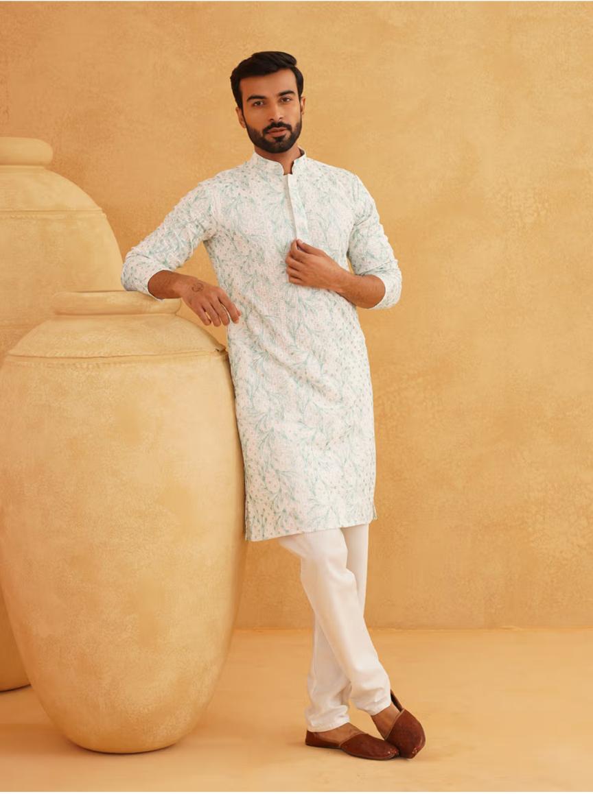 Men Cotton Gold Sequinned White and Green Kurta with Pyjama in Berlin