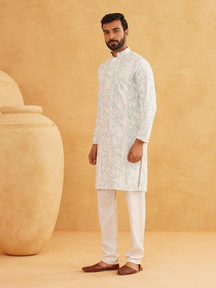 Men Cotton Gold Sequinned White and Green Kurta with Pyjama in Berlin