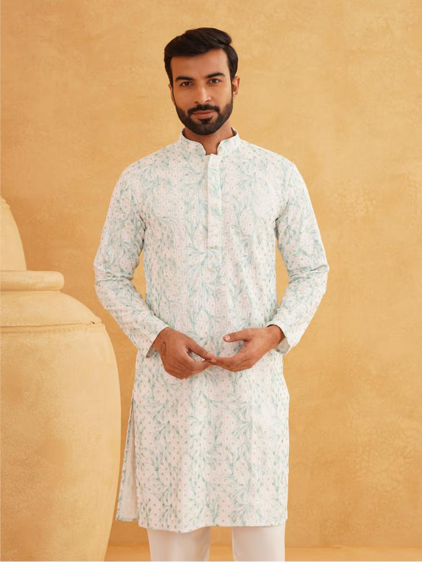 Men Cotton Gold Sequinned White and Green Kurta with Pyjama in Berlin