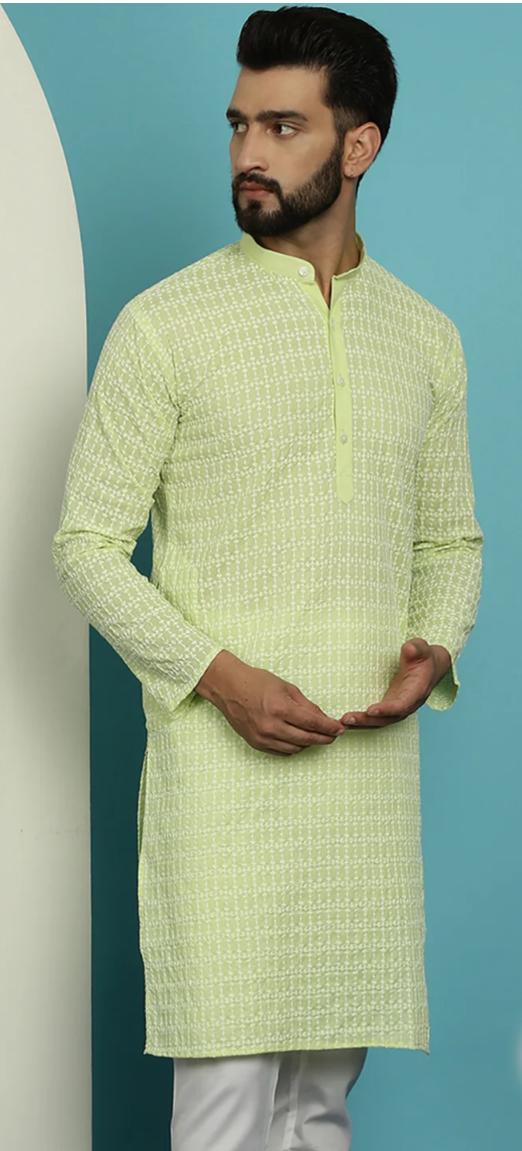 Men's Pure Cotton Green Kurta with White Embroidery in Berlin