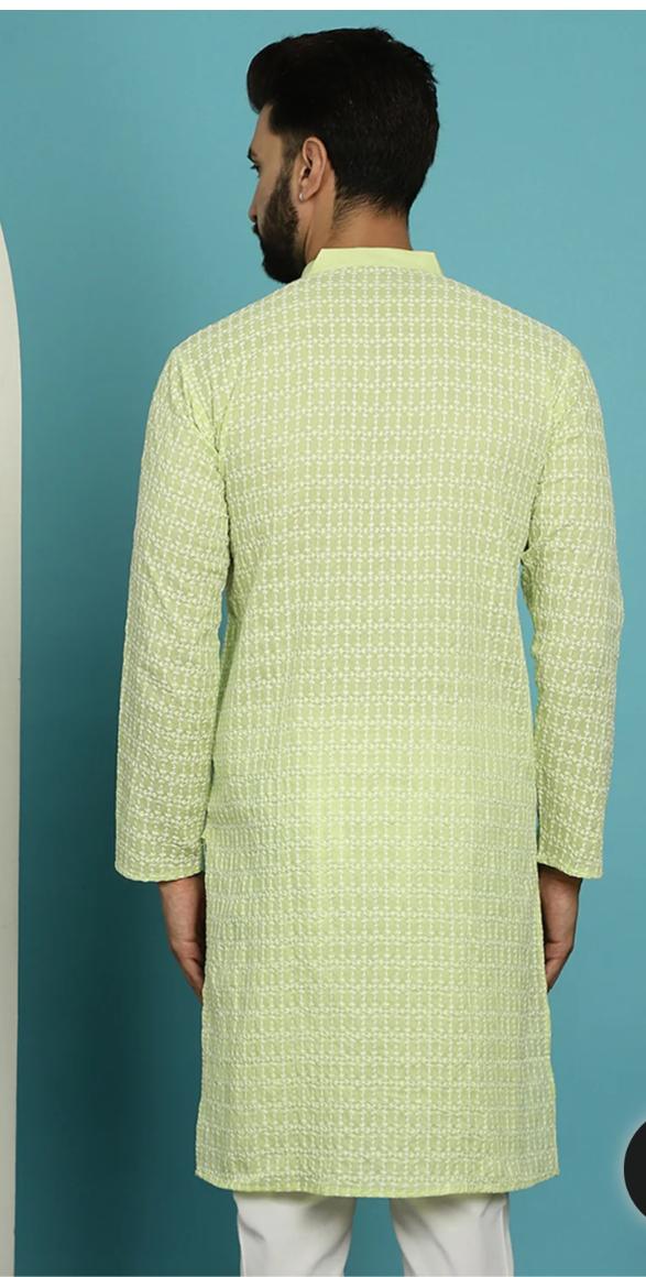 Men's Pure Cotton Green Kurta with White Embroidery in Berlin