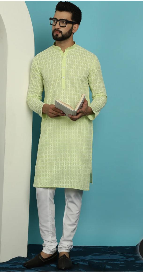 Men's Pure Cotton Green Kurta with White Embroidery in Berlin