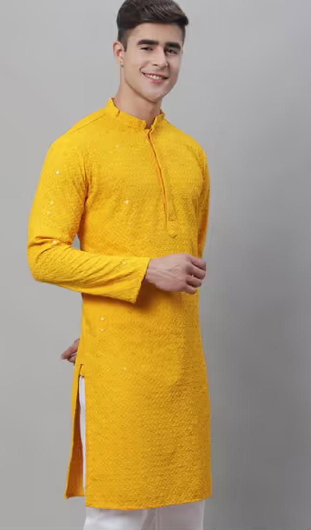 Embroidered Long Kurta with Pyjama Mandarin Collar in Berlin