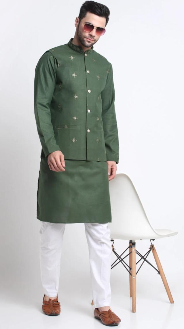 Men's Cotton Blend Solid Kurta and White Elastic Waistband Pyjama With Cotton Embroided Sequenced Nehru Jacketin Berlin