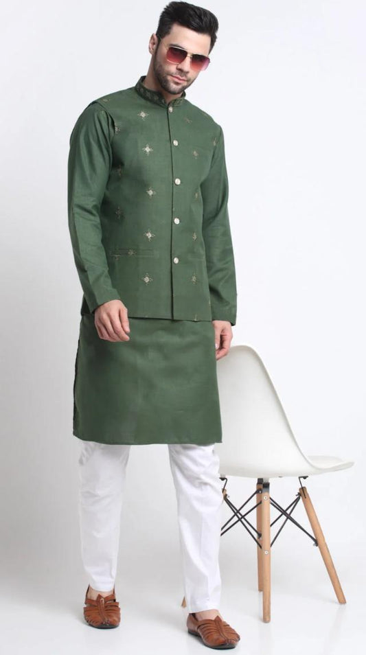 Men's Cotton Blend Solid Kurta and White Elastic Waistband Pyjama With Cotton Embroided Sequenced Nehru Jacketin Berlin