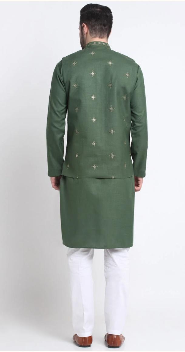 Men's Cotton Blend Solid Kurta and White Elastic Waistband Pyjama With Cotton Embroided Sequenced Nehru Jacketin Berlin