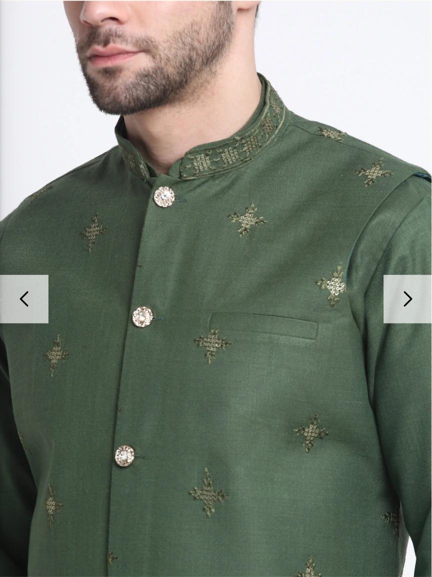 Men's Cotton Blend Solid Kurta and White Elastic Waistband Pyjama With Cotton Embroided Sequenced Nehru Jacketin Berlin