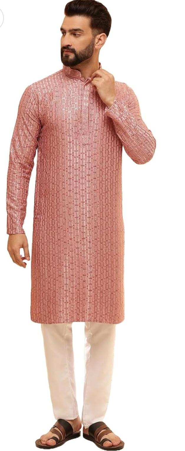 Kurta in Cotton and Viscose with Shiny Thread and Sequins, White Pyjamas in Berlin