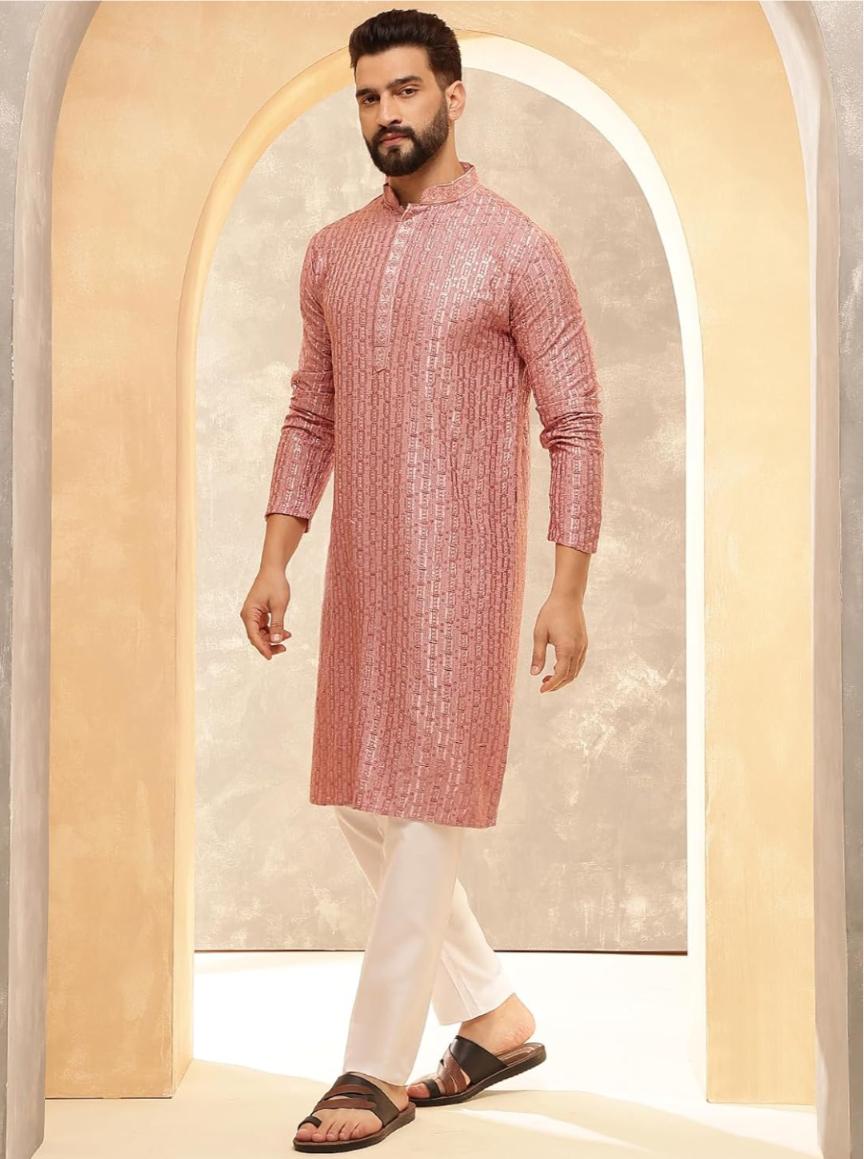 Kurta in Cotton and Viscose with Shiny Thread and Sequins, White Pyjamas in Berlin