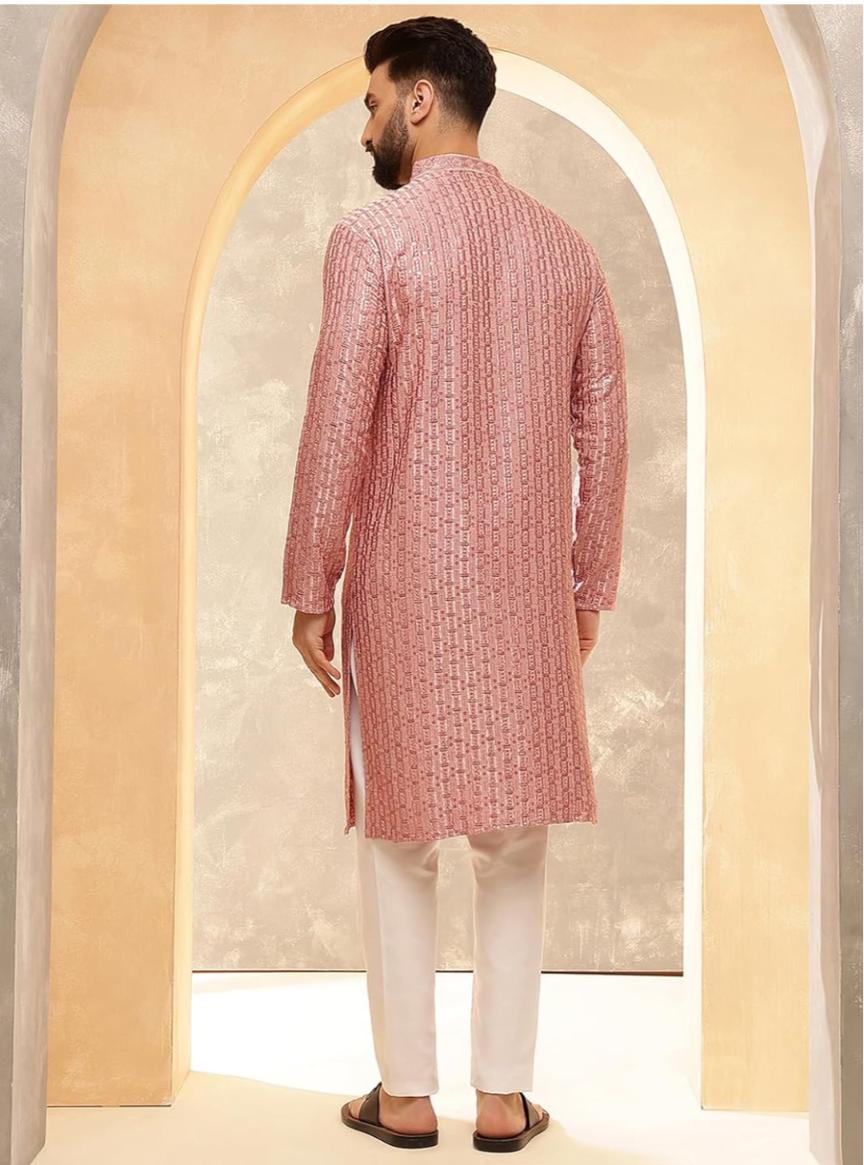 Kurta in Cotton and Viscose with Shiny Thread and Sequins, White Pyjamas in Berlin