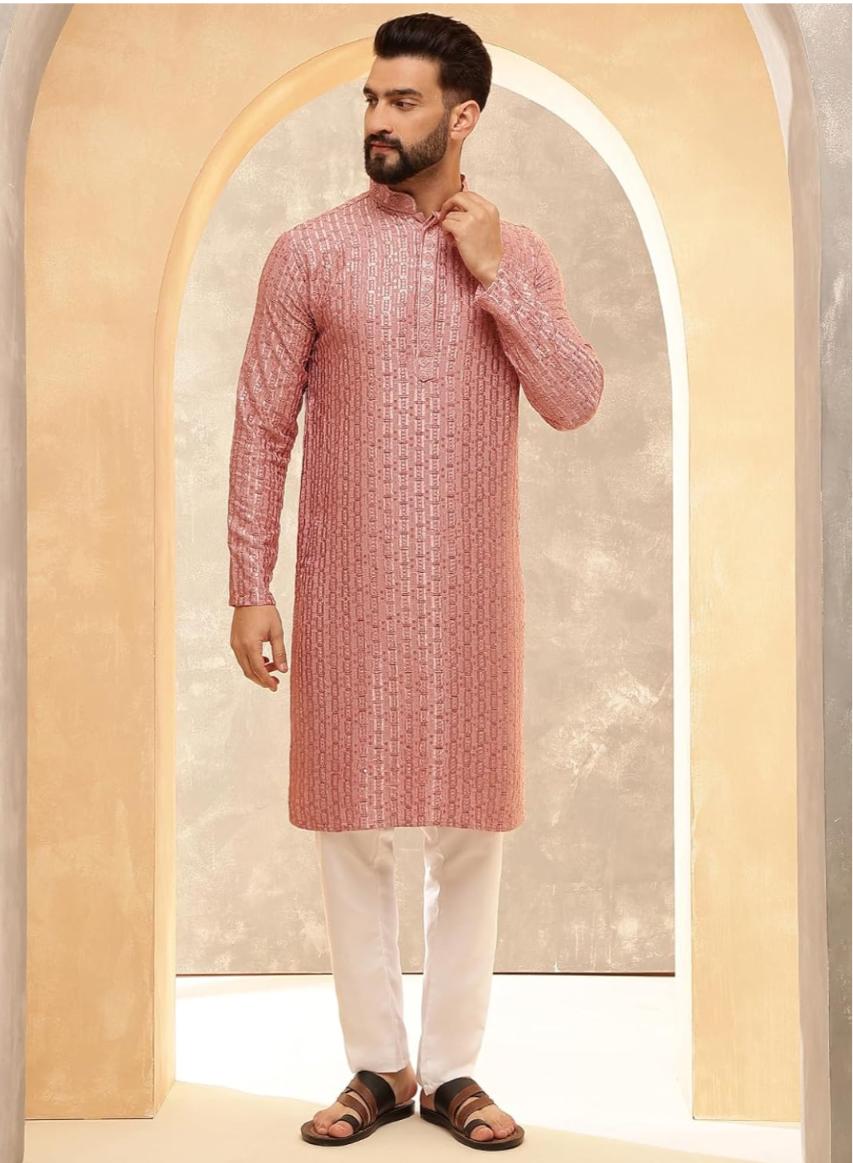Kurta in Cotton and Viscose with Shiny Thread and Sequins, White Pyjamas in Berlin