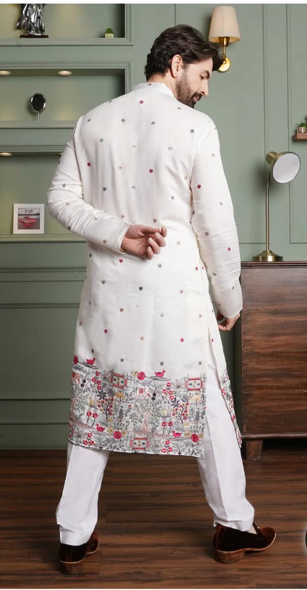 Floral Embroidered Cotton Silk Kurta and Pyjama for Men in Berlin