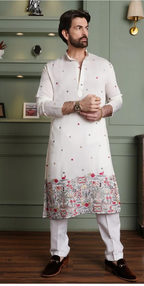 Floral Embroidered Cotton Silk Kurta and Pyjama for Men in Berlin