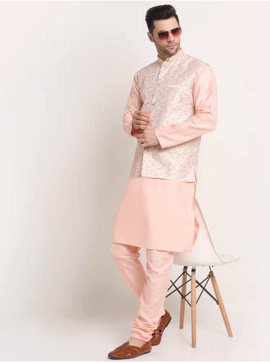 Men Peach Kurta & Churidar with Thread Work  Nehru Jacket and Pyjama in Berlin