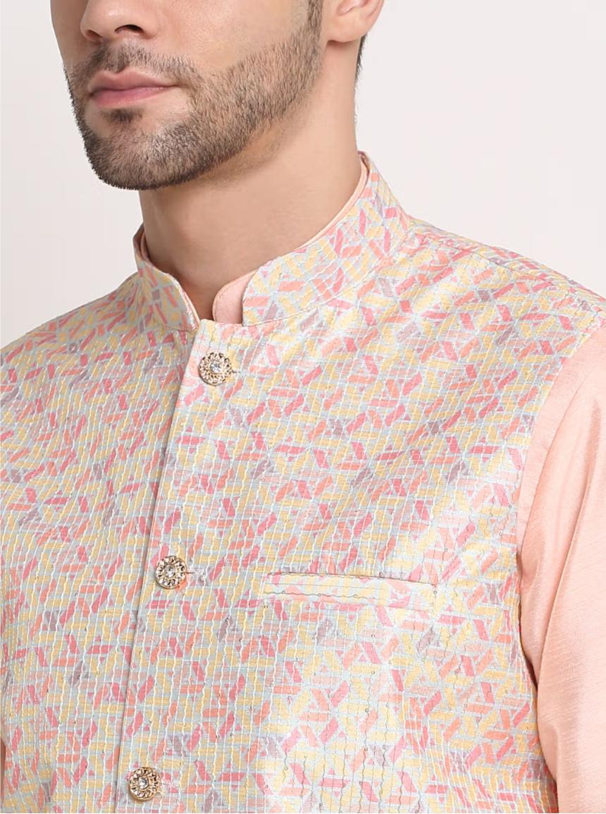 Men Peach Kurta & Churidar with Thread Work  Nehru Jacket and Pyjama in Berlin