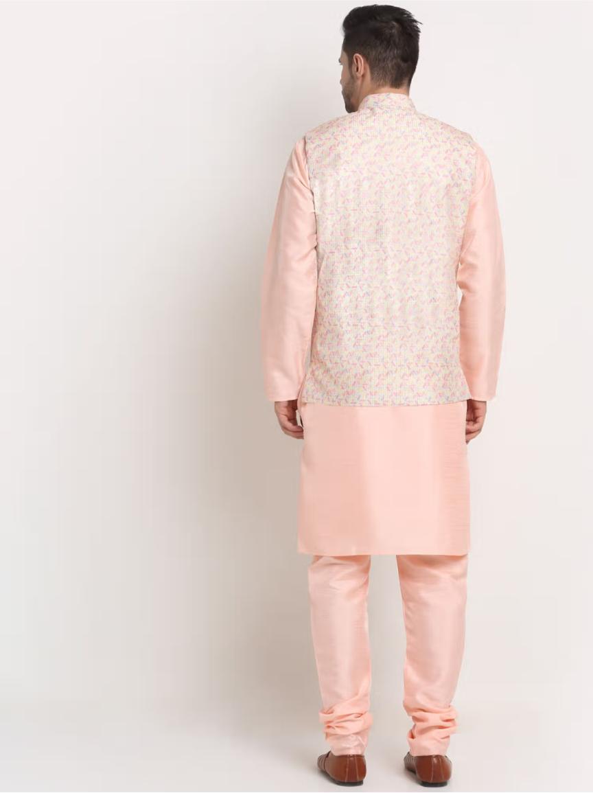 Men Peach Kurta & Churidar with Thread Work  Nehru Jacket and Pyjama in Berlin