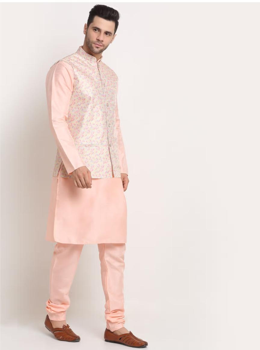 Men Peach Kurta & Churidar with Thread Work  Nehru Jacket and Pyjama in Berlin