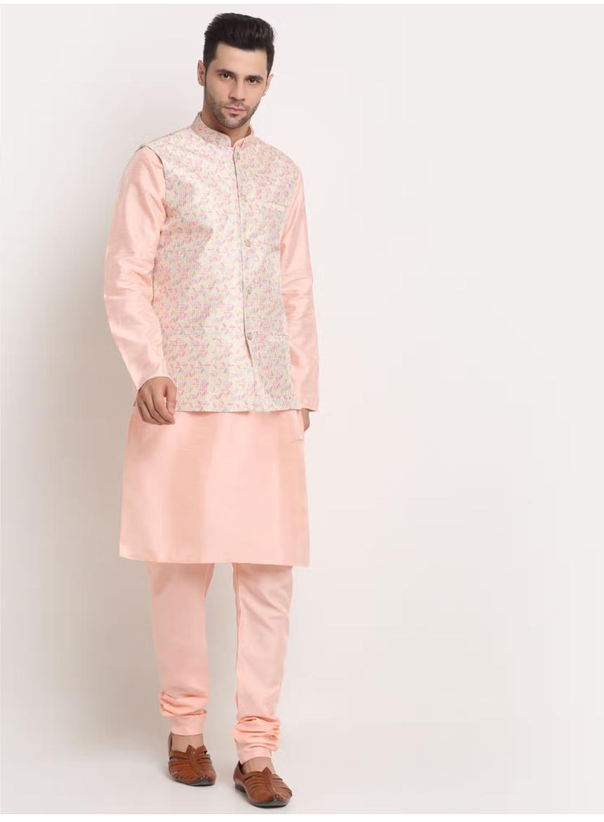 Men Peach Kurta & Churidar with Thread Work  Nehru Jacket and Pyjama in Berlin