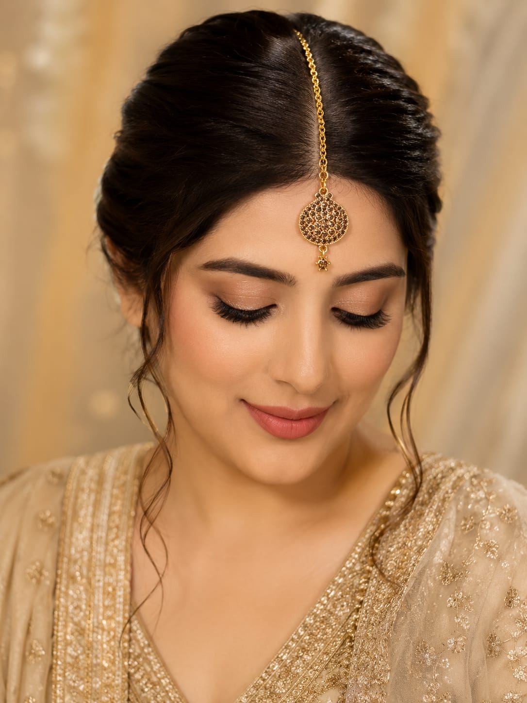 Elegant South Asian Bridal Glam with Delicate Gold Maang Tikka in Germany