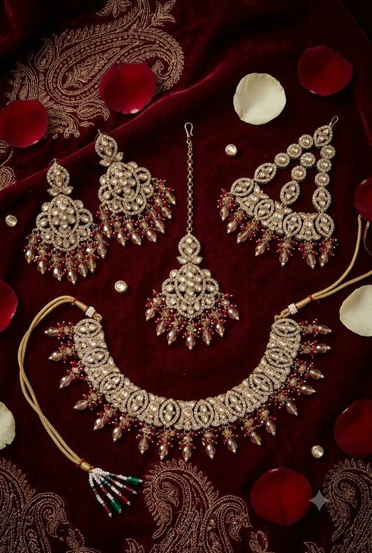 Traditional Gold-Plated Kundan and Maroon Bead Bridal Choker Necklace Set in Berlin