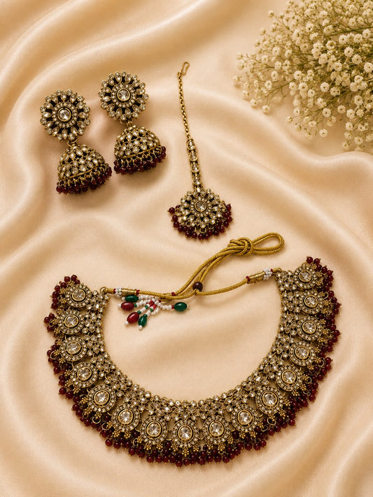 Gold-Plated Kundan Choker Necklace Set with Maroon Beads in Berlin