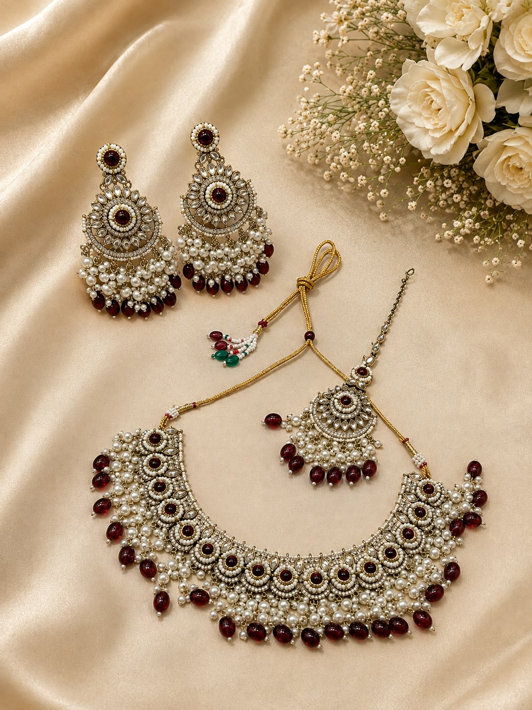 Traditional Gold-Plated Maroon and White Stone-Studded Bridal Jewellery Set in Berlin