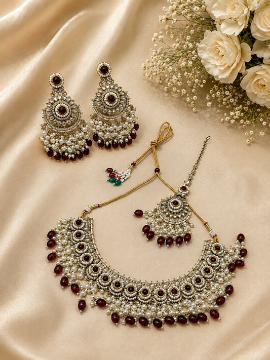Traditional Gold-Plated Maroon and White Stone-Studded Bridal Jewellery Set in Berlin