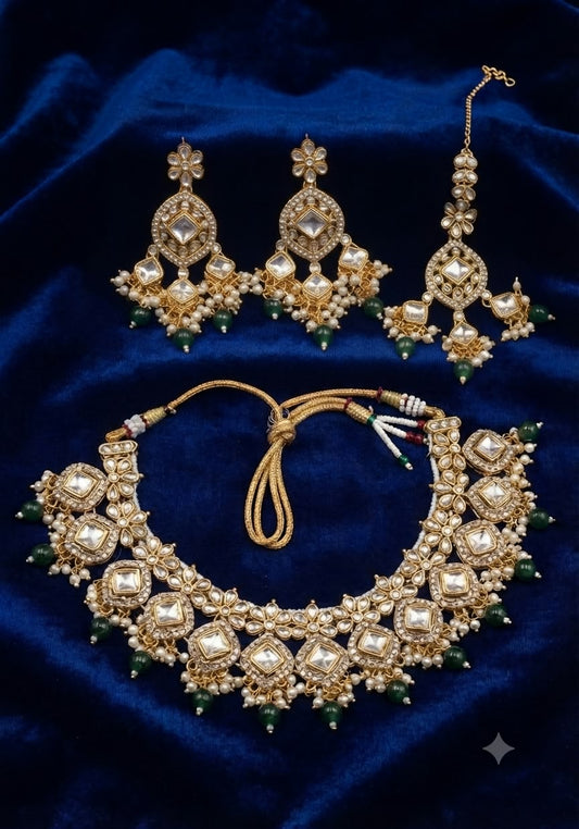 Traditional Bridal Kundan Choker Necklace Set with Emerald Green Drops in Berlin