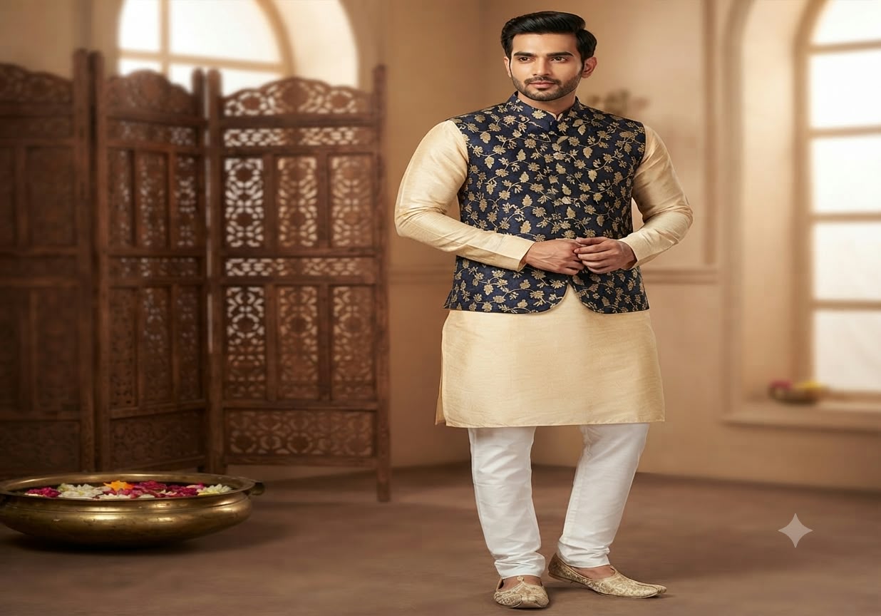 Men's Traditional Indian Festive Attire: Kurta Pyjama and Printed Nehru Jacket Set in Germany