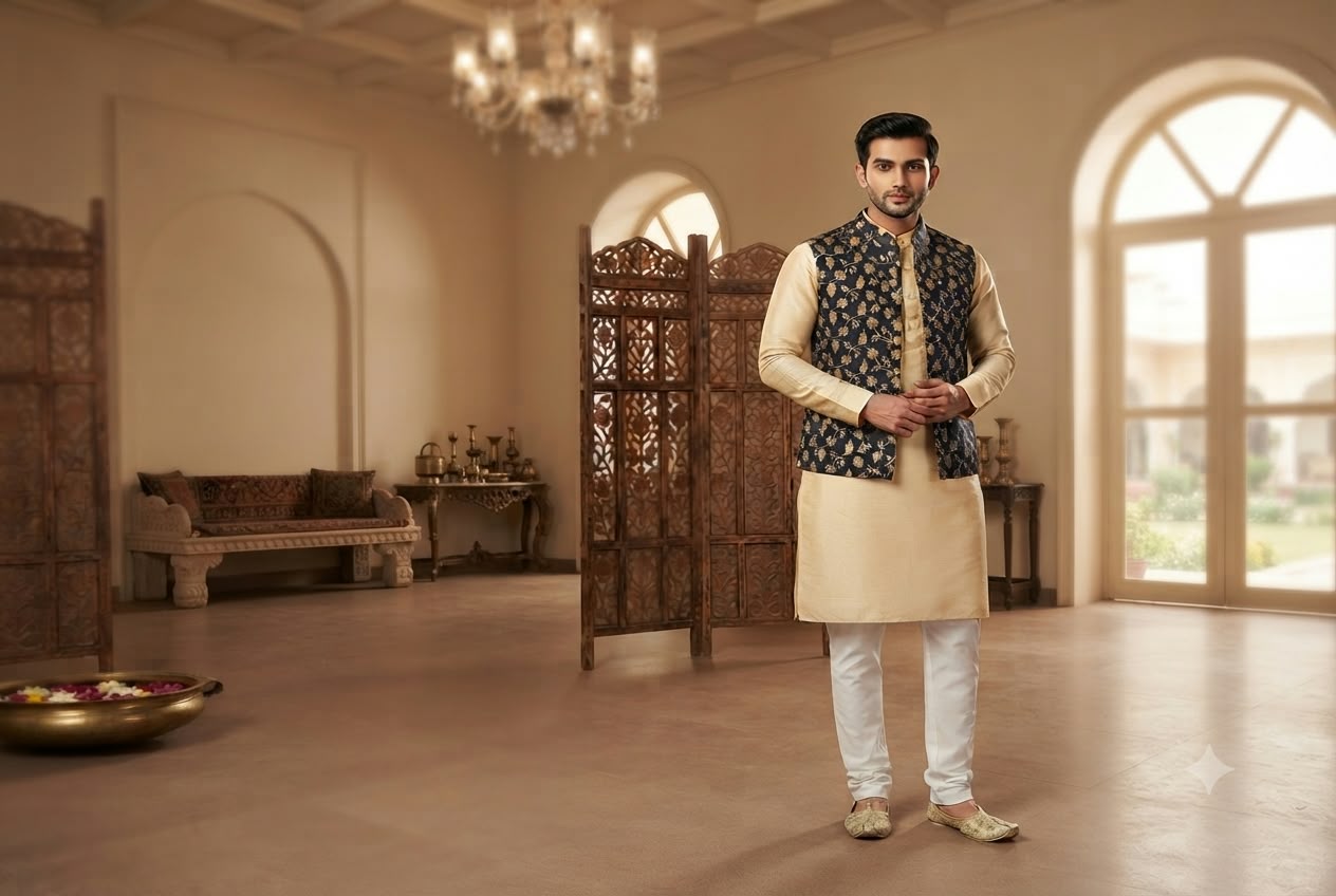 Men's Traditional Indian Festive Attire: Kurta Pyjama and Printed Nehru Jacket Set in Germany